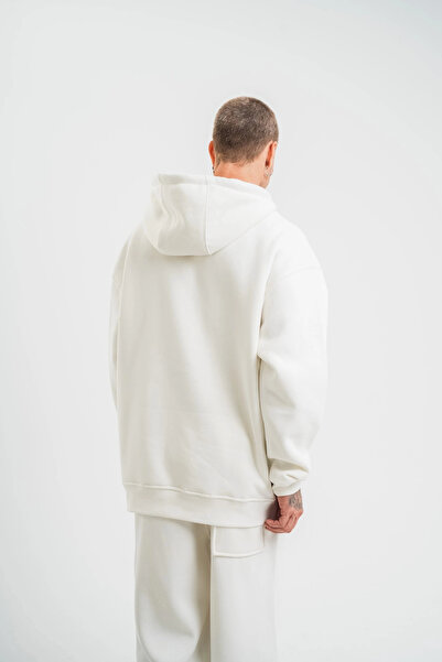 Butik Unisex Double Oversize Kapşonlu Basic Sweatshirt - Λευκό