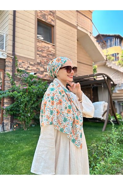 Modakaşmir Flora Pattern Bamboo Scarf - Orange - Green