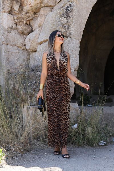 bytugcekaya Coffee Halter Leopard Pattern Tulle Dress