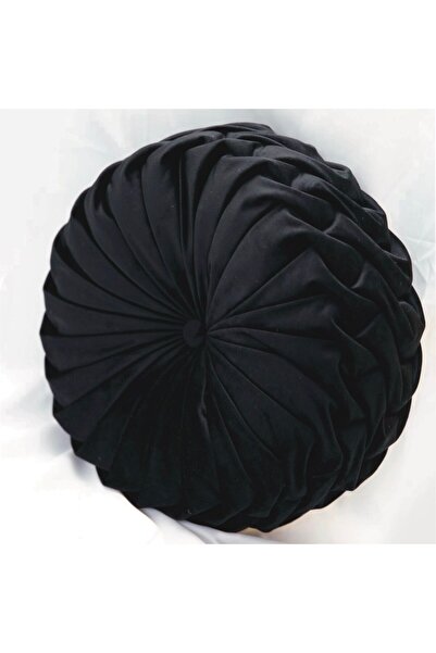 OEM Perna Decorativa Puffet Rotunda din Catifea Neagra, Cusuta Manual, 38 cm ...