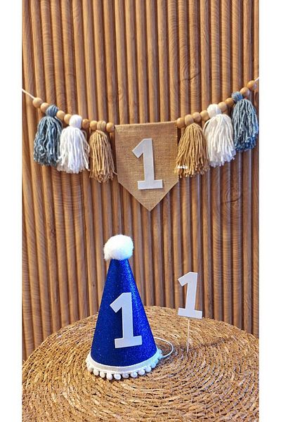 asöy 1 Year Old Hat High Chair Wall Pennant Blue One 1 Year Old Party Set of 3 Pennants