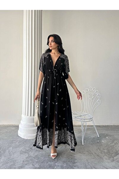 SHCENİ Siyah Etnik Desenli Yırtmaç Detaylı Kuşaklı V Yaka Elbise