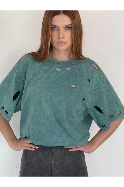 Pulli Collection Винтидж тениска с голям размер и разкъсани детайли - зелена