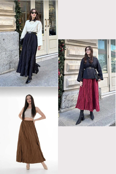 Mrs.idea Women's Wrinkled 3-Piece Long Flared Hijab Skirt Black-Brown-Red