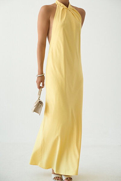 LOOSH Kadın Sarı Halter Yaka Sırt Dekolteli Saten Elbise