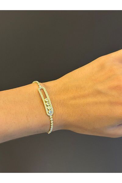 Gönülden Tasarım Zircon Moving Stone Silver Color Adjustable Women's Bracelet