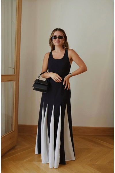 BRTC design Дамска черна рокля от лен с пачуърк и цветни блокове