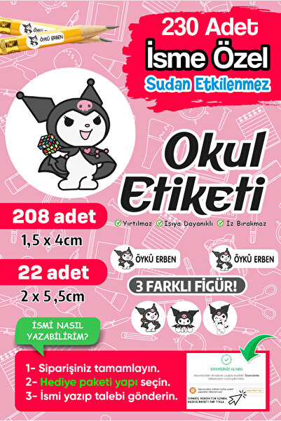 PANDA SOKAĞI Okul Etiketi Kalem Defter Etiketi Kuromi Temalı Özel Isim Yazıla...