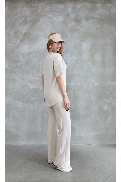 MODA Osy Modal Soft Textured Fabric Crew Neck Stone Detailed Short Sleeve Set...