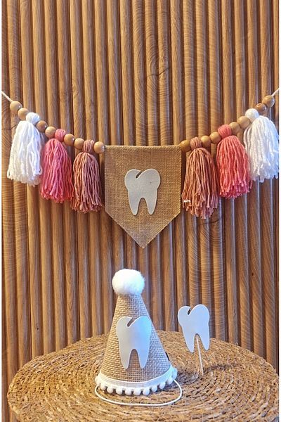asöy قبعة Baby Tooth Out، كرسي طعام، علم حائط وردي اللون، مجموعة من 3 قطع، علم أول سن متساقط
