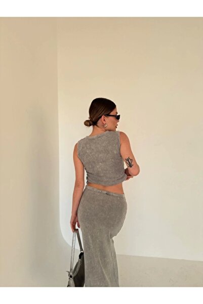 IVORA WEAR Long skirted buttoned front bodysuit double set - gray