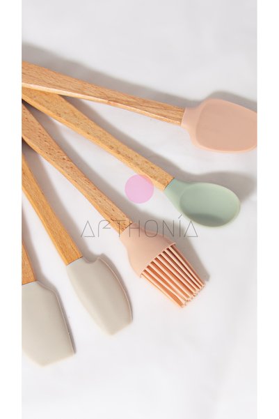 Afthonia Mini Silicone Kitchen Utensil Set with Wooden Handle – 5 Pieces