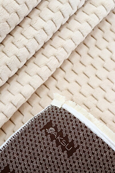 melian Aksu Fringed Berlin Non-Slip Base Cutting Embossed Living Room Corridor Kitchen Washable Beige