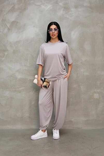 CanselButik Osy Modal Μαλακό Υφαντό Ύφασμα Oversize T-shirt με Στρογγυλή Λαιμόκοψη Jogger Παντελόνι Φόρμας - G