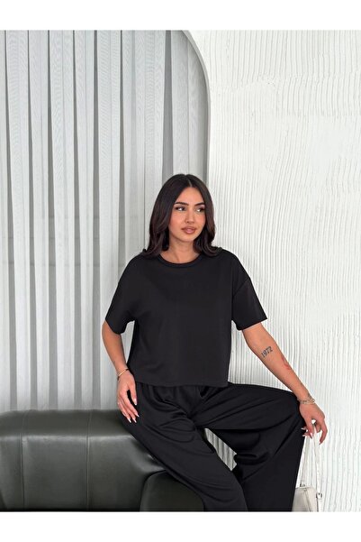 MODA Osy Modal Soft Textured Fabric Crew Neck T-shirt Φαρδύ παντελόνι Pantalon διπλό κοστούμι - Μαύρο