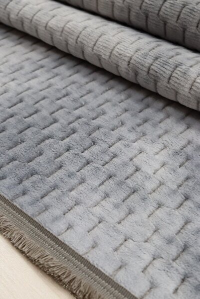 melian Aksu Fringed Berlin Non-Slip Base Cutting Embossed Living Room Corridor Kitchen Washable Gray