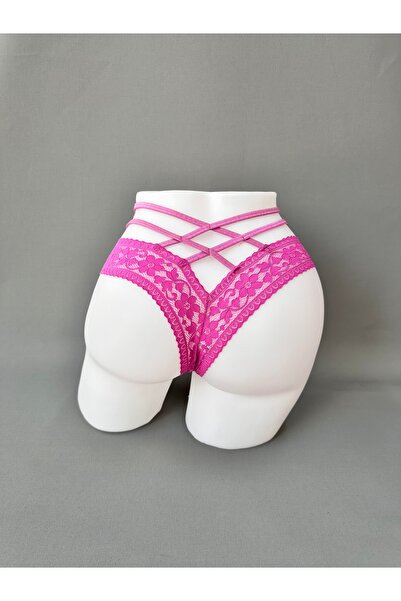 Papatya Front and Back V-Shaped Cross Drawstring Floral Patterned Lace Transp...