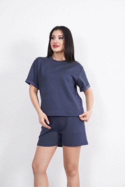 ATREAS Osy Modal Soft Textured Fabric Women's Crew Neck T-Shirt Short Shorts Two Piece Set - Anthracite