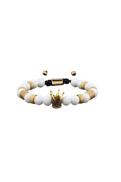 Belora Men's Bracelet with Stone Beads & Crown Charm, White with Gold color