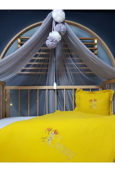 bebek iklimi Embroidered Muslin Sleeping Set - 100X150 cm Duvet Cover, Pompom Mosquito Net, Tulle and Apparatus