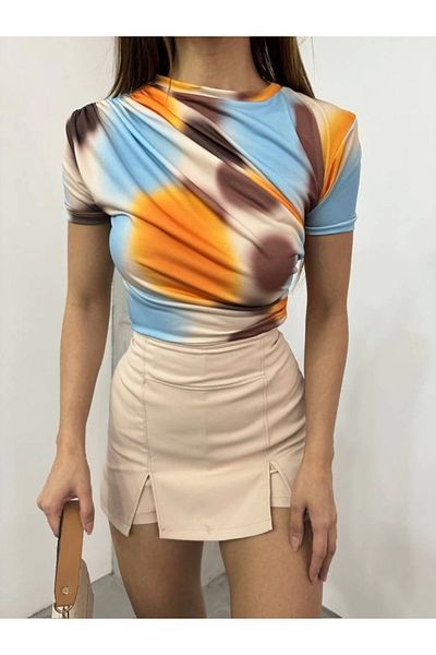 nedo7 Waist Shoulder Gathered Tie Dye Print Sendy Blouse - Apricot Color