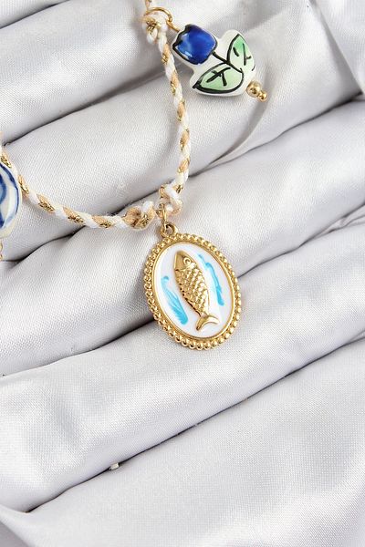 Clariss Ceramic Motif Fish Figured Model Cream Thread Women's Necklace
