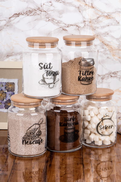 5 Pieces Glass Jar Coffee Corner Set Wooden Coffee Storage Container with Vacuum Lid Label Gift 800 ml