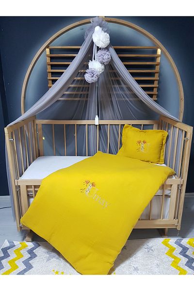 bebek_iklimi Embroidered Muslin Sleeping Set - 80X120 cm Duvet Cover, Pompom Mosquito Net, Tulle and Apparatus