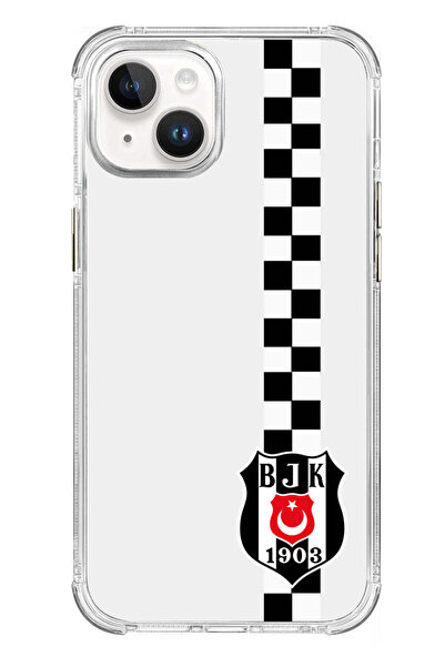 Beşiktaş iPhone 13 Uyumlu Dama Şerit Arma Şeffaf Lisanslı Telefon Kılıfı