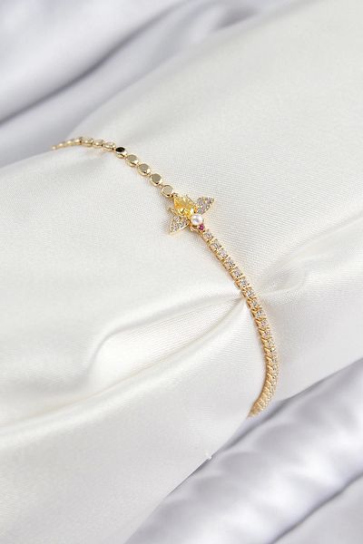 Clariss Brass Zircon Stone Bee Model Crushed Chain Gold Color Women's Bracelet