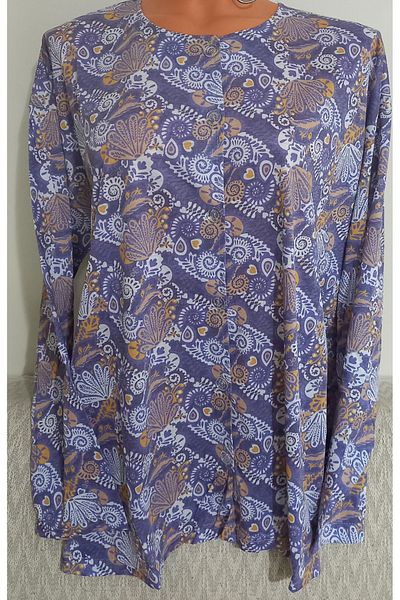 Anne Er Clothing Paper Print Combed Cotton Blouse Long-Sleeve Crew Neck Button Print