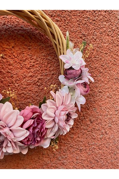 Hobi Stok Door Ornament Wicker Wreath Handmade Decorative Wicker Wreath with Pink Flowers – Home Door Decoration