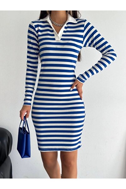 nedo7 Collared Striped Long Sleeve Dress - Blue