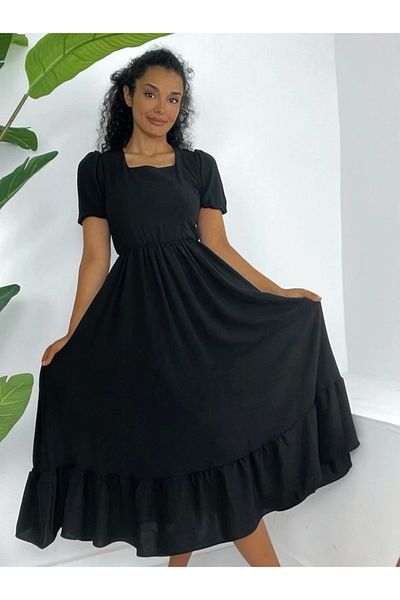 nedo7 Square neck elastic waist short sleeve ayrobin dress - black