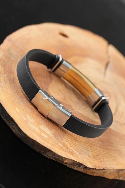 Moco Black Color Leather Men's Bracelet with Silver Gold Color Metal Accessories