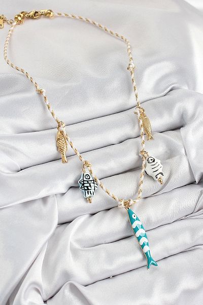 Clariss Ceramic Motif Fish Figured Model Cream Thread Women's Necklace