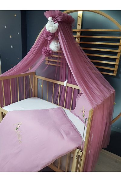 bebek iklimi Embroidered Muslin Sleeping Set - 100X150 cm Duvet Cover, Pompom Mosquito Net, Tulle and Apparatus
