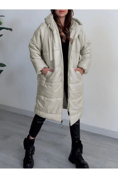 nedo7 Hooded Lace Detailed Zippered down Jacket - Stone