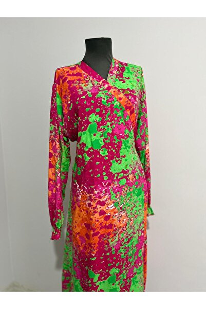 ShopX Desenli Viskon Namaz Elbisesi – Kruvaze Yandan Bağlamalı, Kuşaklı, Ferah Model