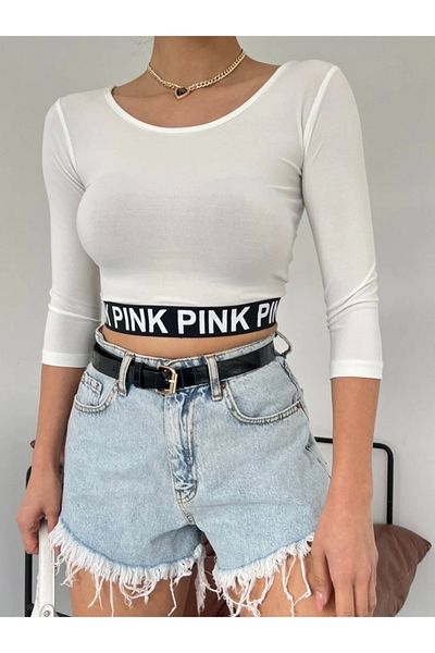 nedo7 Pink Written Poor Sleeve Elastic Crop -Ecru