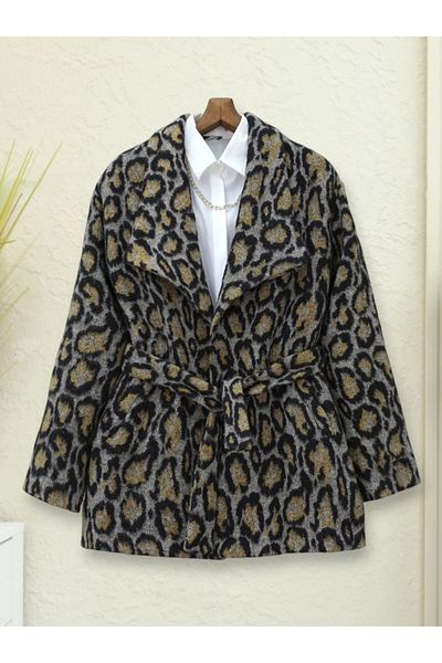 nedo7 Leopard Pattern Lined Waist Tie Stitched Jacket - Gray