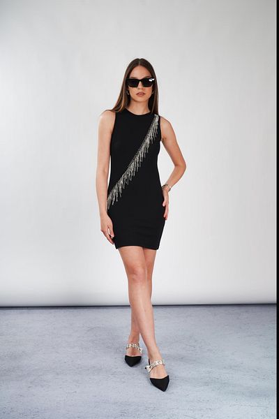 Nura Francy MINI ROCHIE DE DAME DIN STOFĂ CREP FĂRĂ MÂNĂ CU PIATRĂ