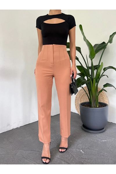 nedo7 High waist zipper detailed pocket pants -cinnamon