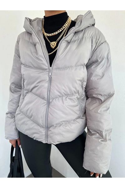 nedo7 Fixed hooded zippered winter coat - gray