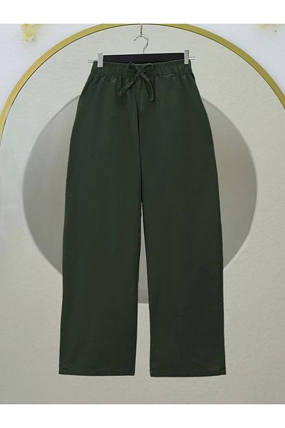 nedo7 Lace detailed wide leg elastic waist linen trousers - khaki