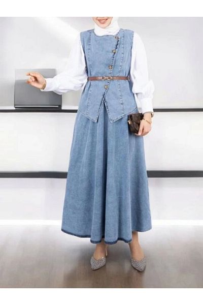 nedo7 Cross Buttoned Belted Vest Skirt Denim Set - Ice Blue