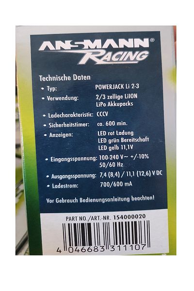 ANSMANN Fast charger for RC Li-Ion, Lipo batteries 2-3 cells 7.4v(8.4v) 11.1v(12.6v) CCCV