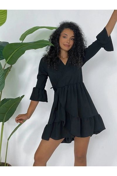 nedo7 Ayrobin Dress with Ruffled Skirt and Sleeves and Elastic Waist - Black