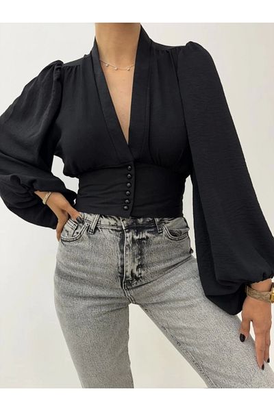 nedo7 Buttoned Balloon Sleeve Sandy Crop with Elastic Back - Black