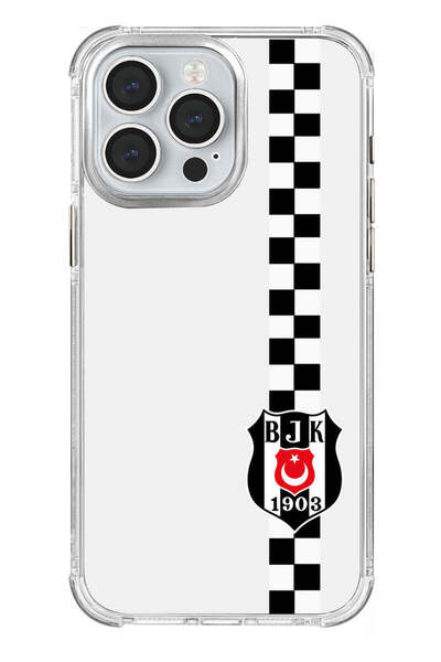 Beşiktaş iPhone 15 Pro Max Uyumlu Dama Şerit Arma Şeffaf Lisanslı Telefon Kılıfı